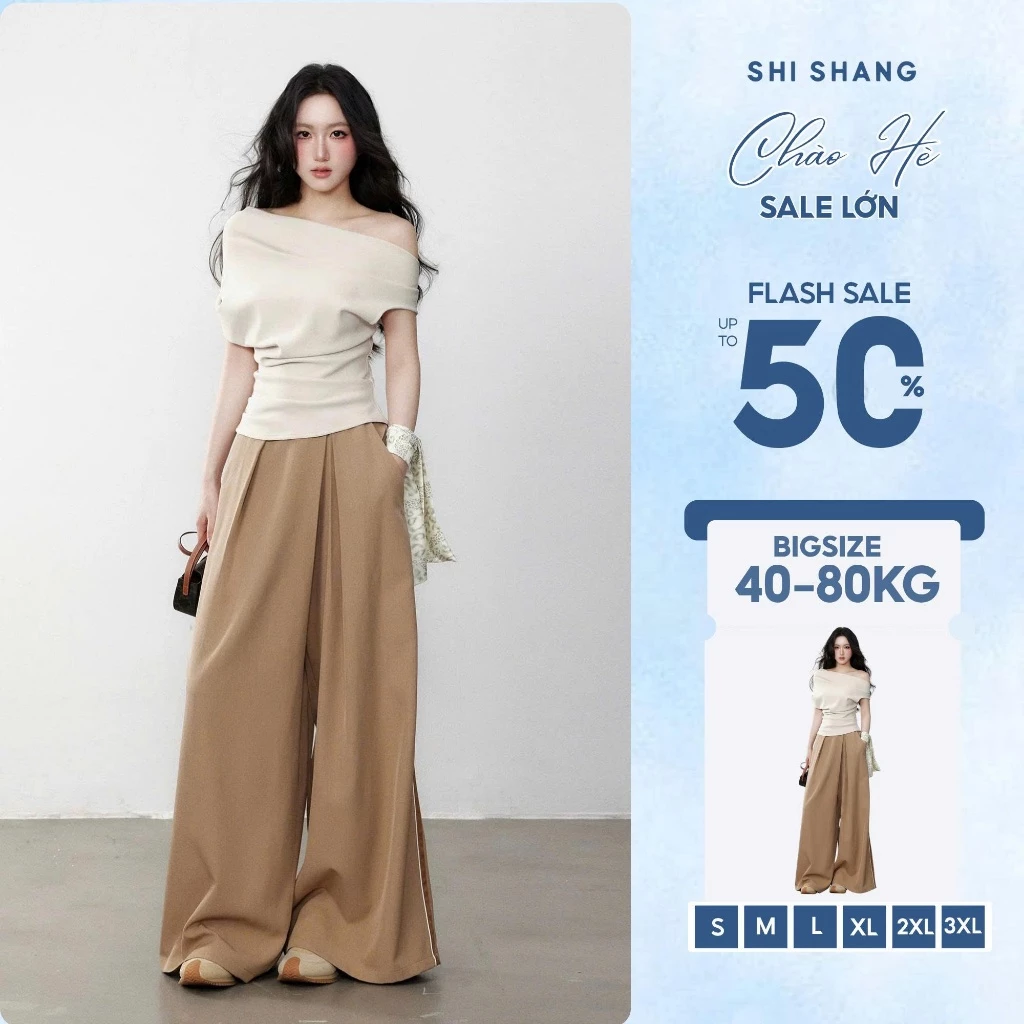 Set Áo Thun Co Dãn Lệch Vai Kèm Quần Suông, Bộ Đồ Nữ Bigsize Thiết Kế Thanh Lịch By Shi Shang