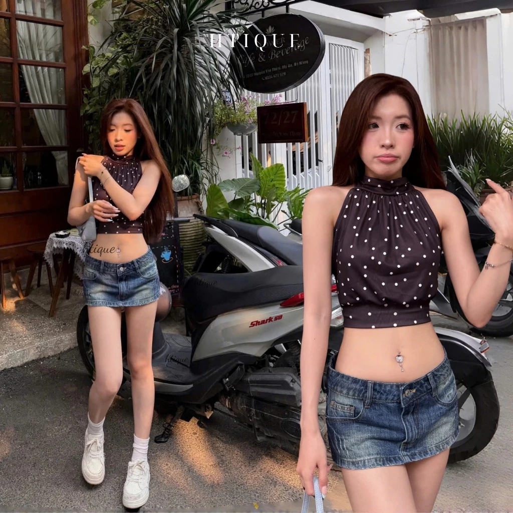 HTIQUE - Chân váy jeans ngắn ôm dáng cá tính phong cách Y2K, chân váy denim xanh cá tính tôn dáng V05