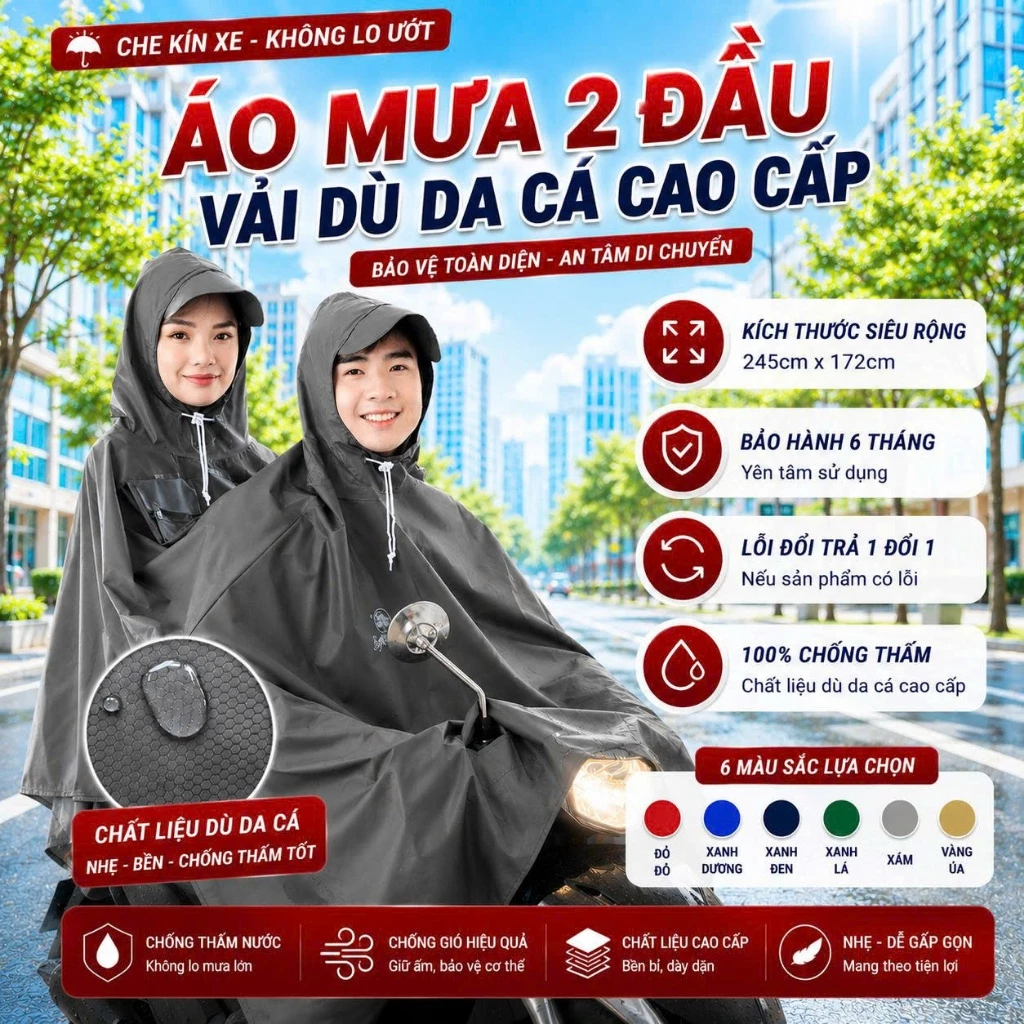 (SIZE LỚN) Áo Mưa 2 Người 1 Người Siêu To Vải Dù Da Cá Loại Dày Có Lỗ Xỏ Gương Có Kiếng Đèn Xe An Toàn .