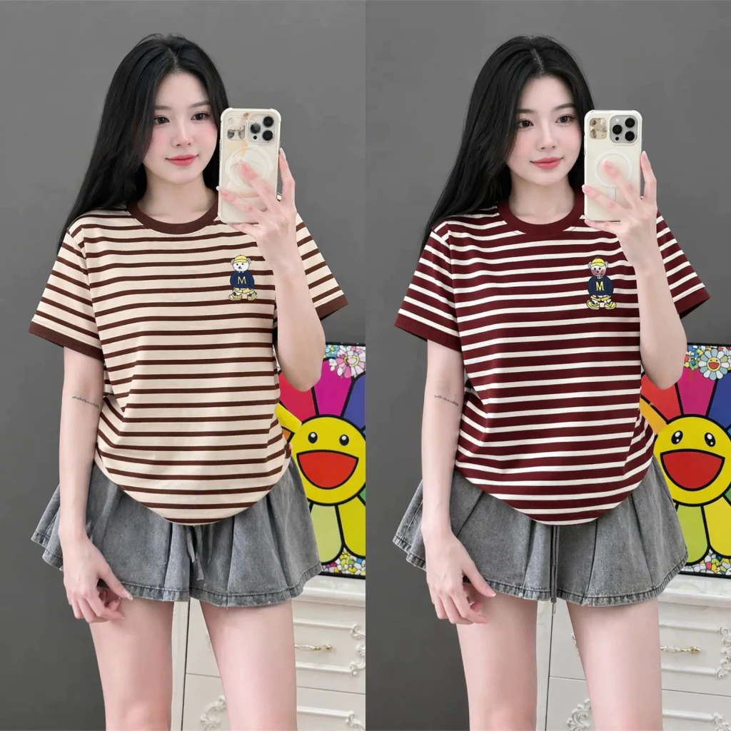 Combo 2 Áo Babytee Cổ Tròn - In Hình Gấu M, Chất Cotton Bozip Mềm Mại, Co Giãn 4 Chiều