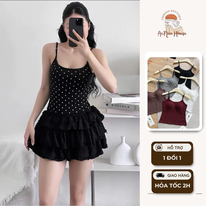 Áo hai dây tăm chất liệu mềm mịn có đệm ngực họa tiết chấm bi xinh tiểu thư dễ phối đồ sang chảnh
