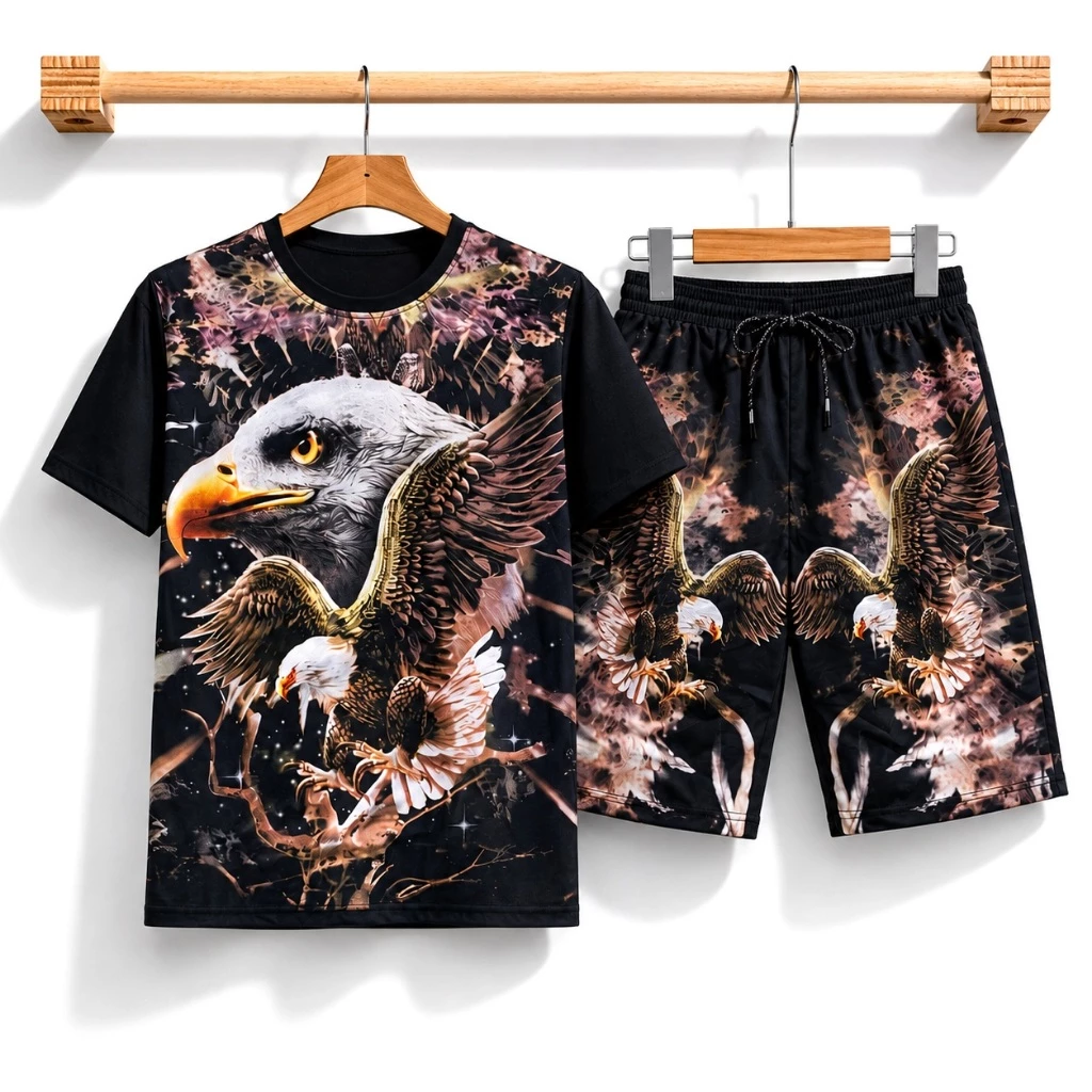 Bộ Đồ quần áo Unisex 33Kg-125kg, Bộ thun hè 3D Đại Bàng chất co dãn kiểu Hàn Quốc Nam Nữ mặc hội nhóm thể thao du lịch