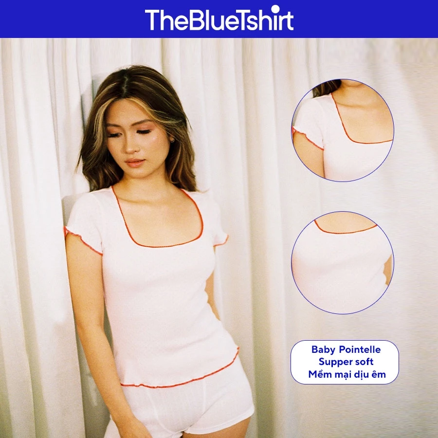 TheBlueTshirt - Áo thun body nữ 100% Cotton Pointelle chất liệu vải em bé - Áo 90s Pointelle - Pink Blush - Women