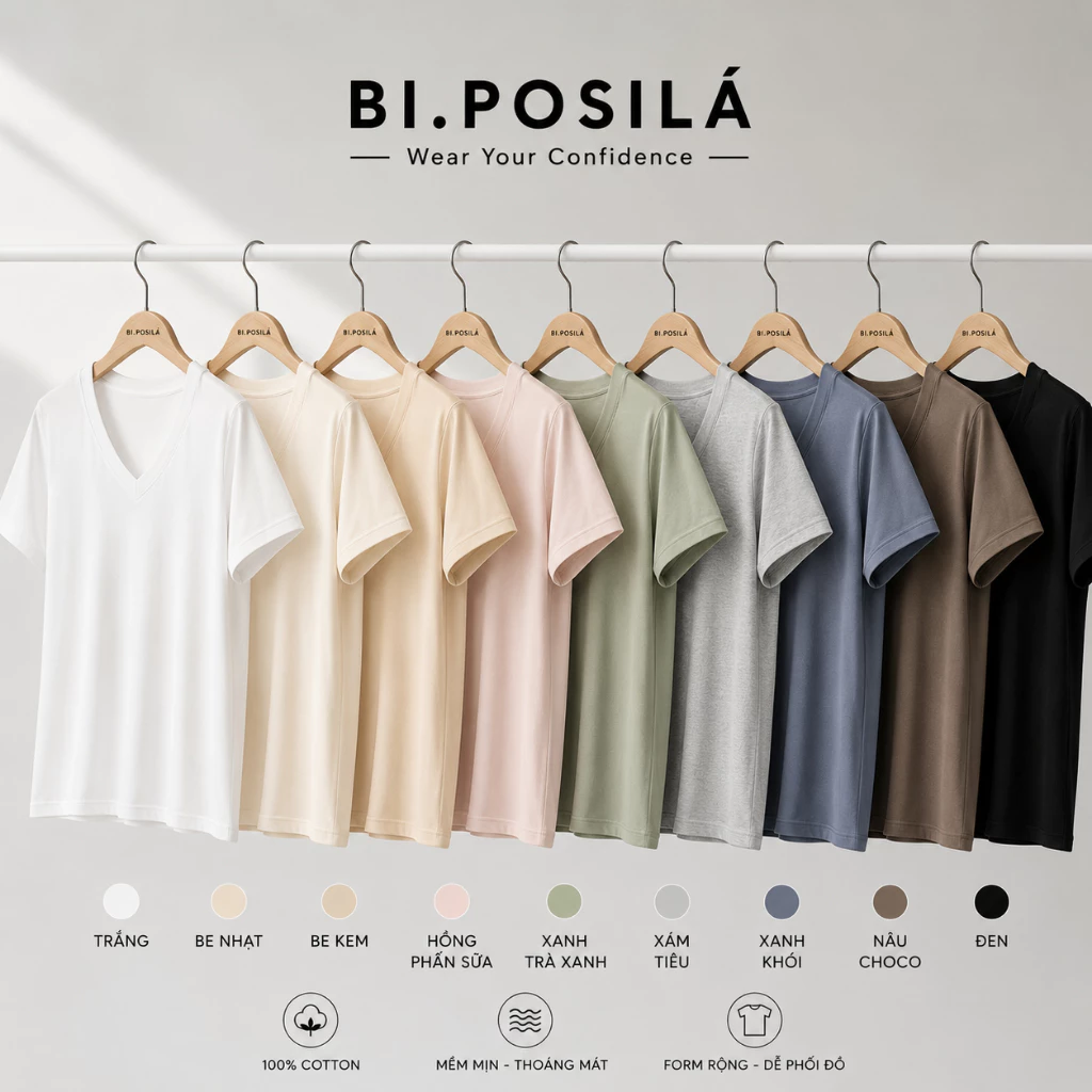 [A34- MẪU MỚI - VẢI RŨ] ÁO THUN NỮ CỔ TIM BASIC BI.POSILÁ FORM SUÔNG VỪA | Cotton Borip Co Giãn 4 Chiều Mềm Mịn