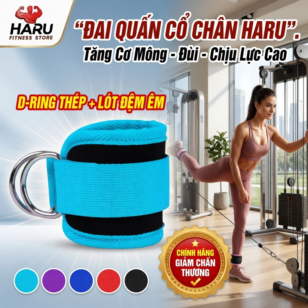 Đai Quấn Cổ Chân Tập Gym HARU – D-Ring Thép Chịu Lực Cao, Lót Đệm Êm Ái, Tập Mông Đùi, Hỗ Trợ Máy Kéo Cáp HR72