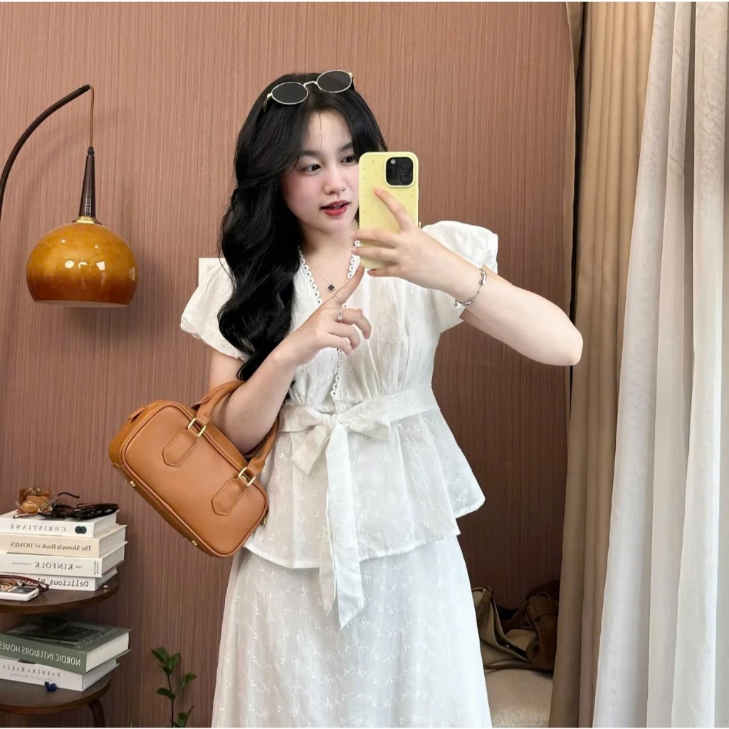 Áo kiểu nữ thô boill cổ V tay bồng buộc eo xinh xắn MUZA A107