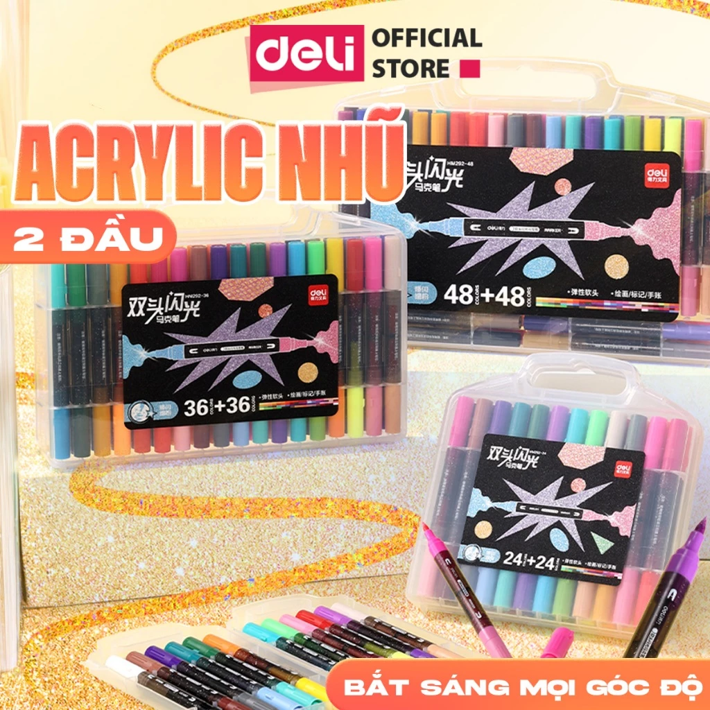 Bút Acrylic Nhũ Marker Kim Tuyến 2 Đầu Deli 12/24/36/48 Màu Cao Cấp Đầu Mềm Ngòi Nhũ Sáng Màu Vẽ Anime, Bullet Journal