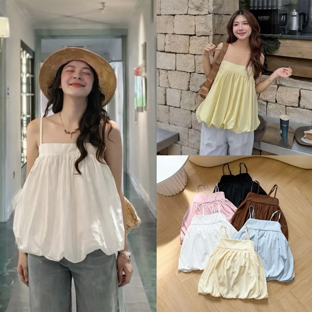 Áo Bí 2 Dây Babydoll Cho Nữ, Áo Chất Gió Nhăn Sần Có Dây Điều Chỉnh Form Rộng Màu Hàn Quốc Cực Xinh