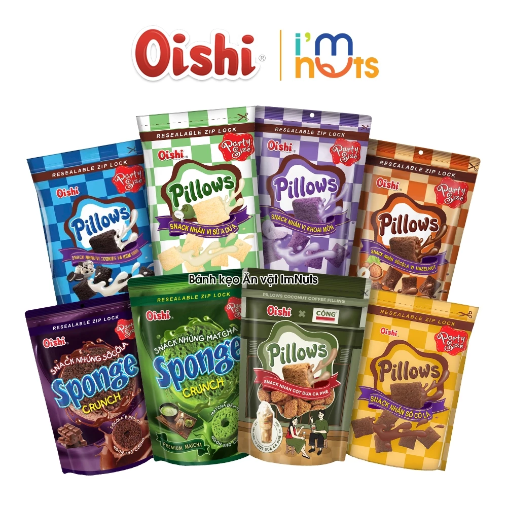 Combo 5 Gói Snack Nhân Kem Pillows Và Sponge Oishi Đủ Vị Túi Zip
