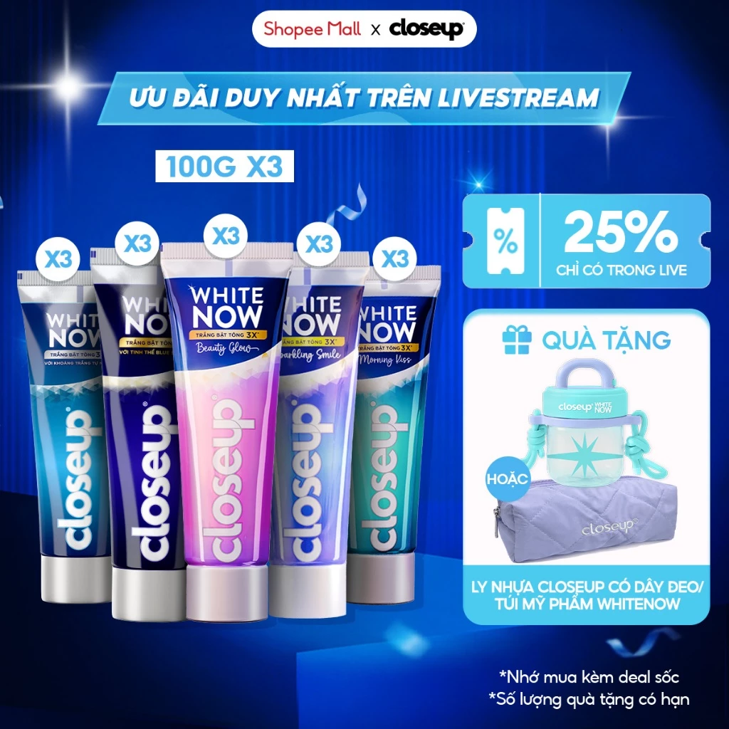 [LIVE] Combo 3 kem đánh răng CLOSEUP White Now - Trắng Bật Tông 3X tức thì từ Công nghệ Ánh Sáng Xanh 100g
