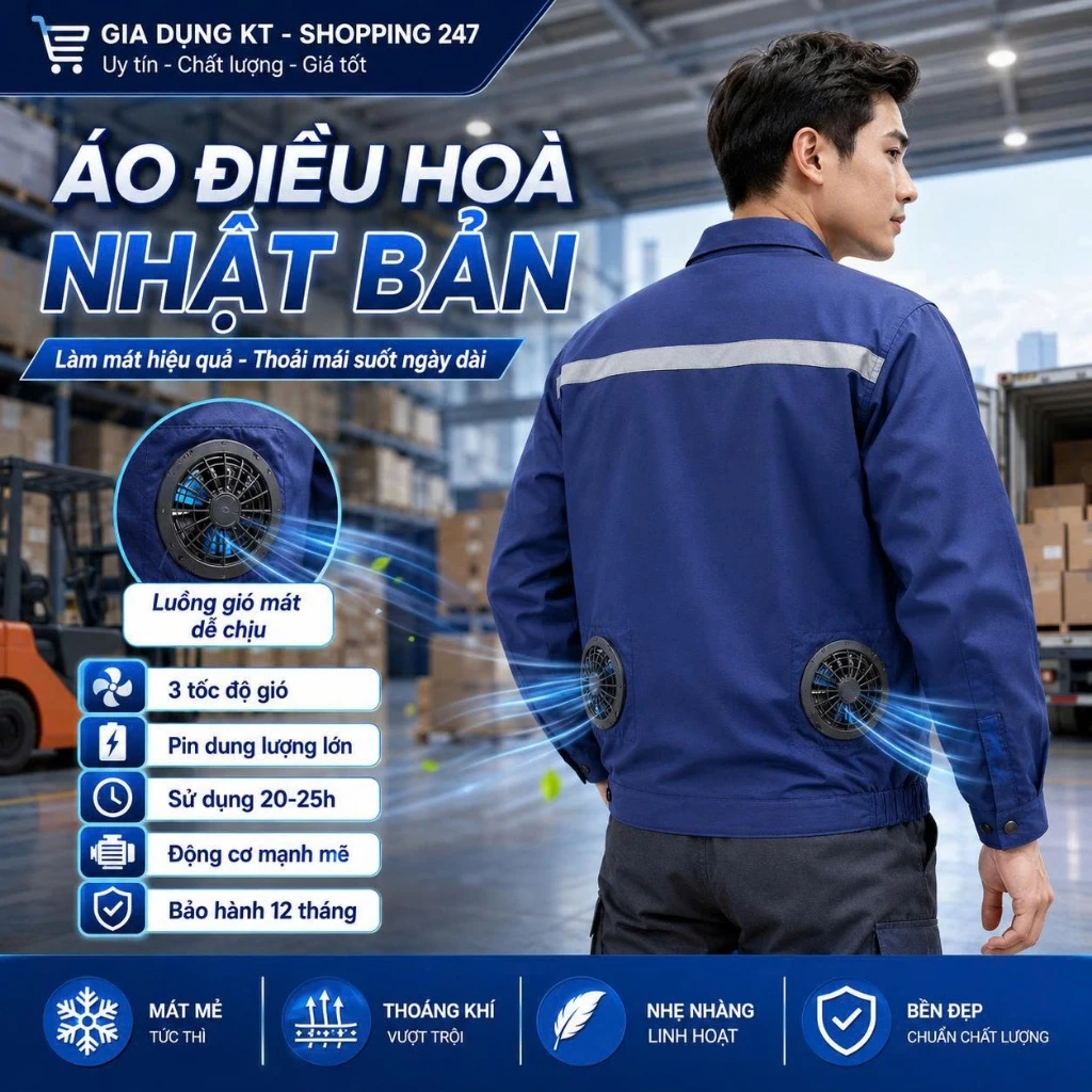 Áo điều hoà chính hãng, pin 96000mAh sử dụng 14-16h, quạt 18v làm mát cực nhanh, Áo quạt gió chống nắng nóng hiệu quả