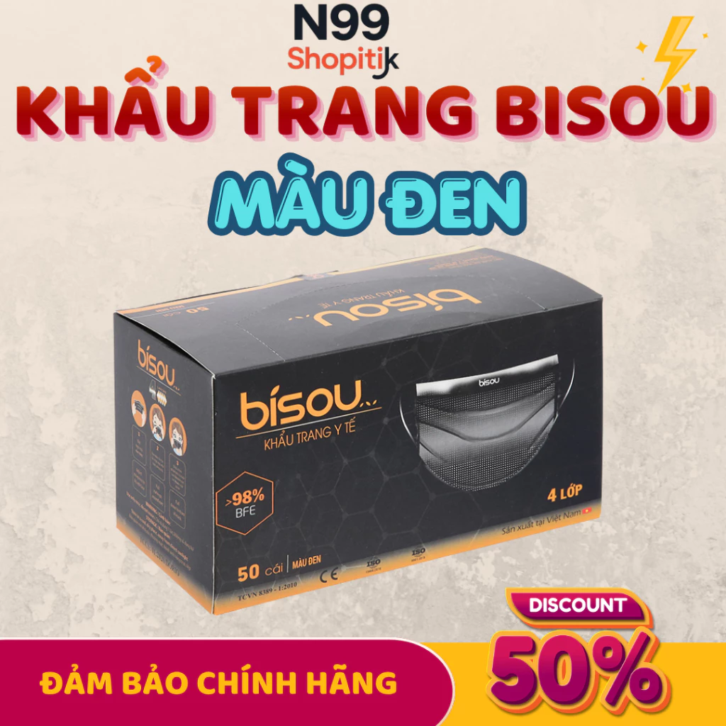 Khẩu trang y tế màu đen Bisou 4 lớp kháng khuẩn cao cấp #Ami #hana #namanh