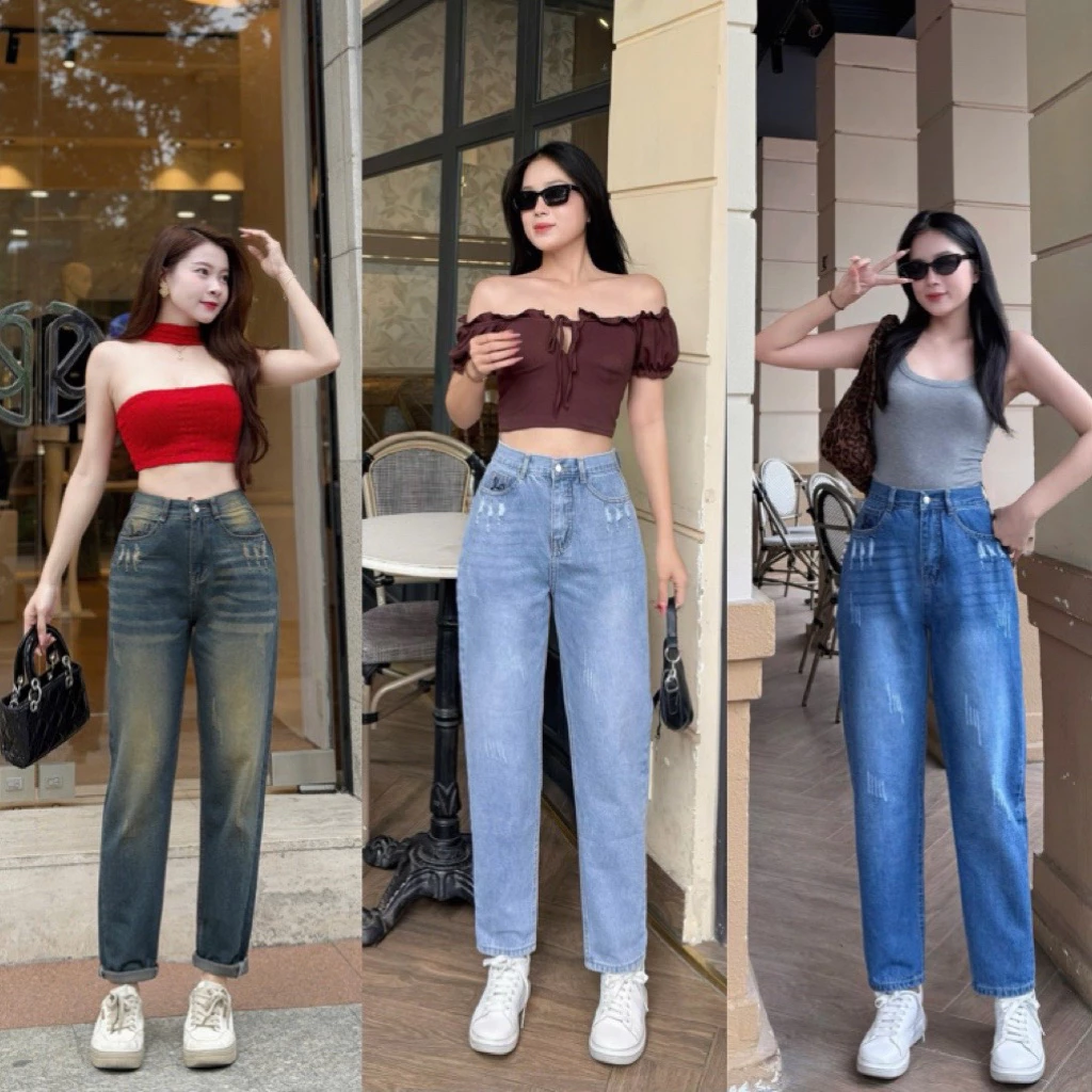 Quần baggy jean nữ khóa kéo không co giãn thêu hoạ tiết “CON THỎ “ ở túi sau (073)