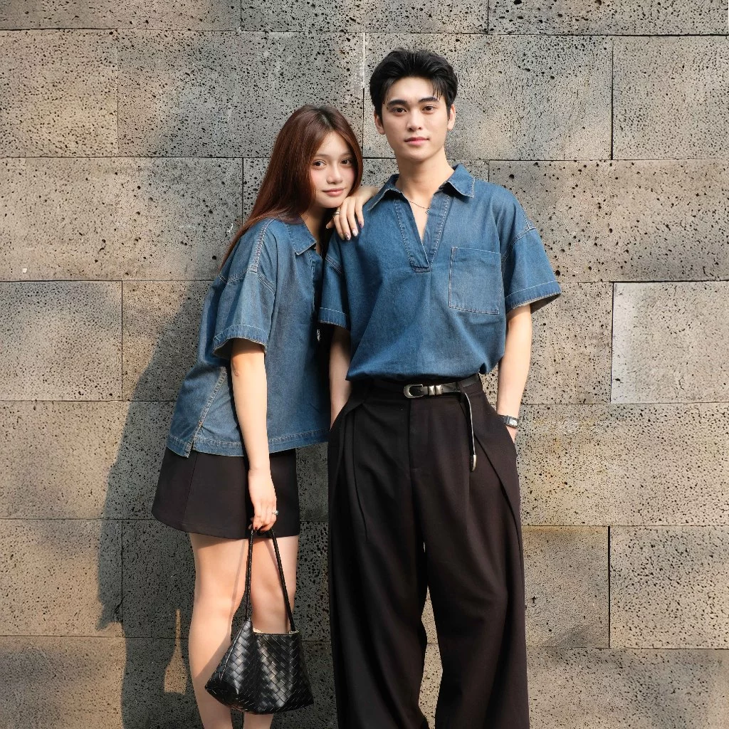 Áo Sơ Mi Ngắn Tay Cổ V Đứng Form, Áo Kiểu Unisex Jeans Denim   - Raw Denim Top - The J Studio