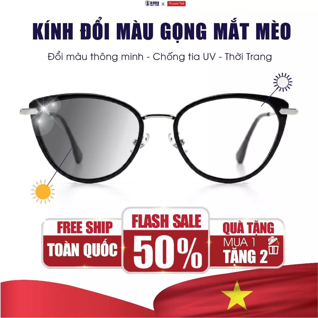 Kính Đổi Màu Gọng Mắt Mèo Chống Tia UV SUNNY MẮT KÍNH Phụ Kiện Thời Trang Đi Học Đi Chơi Đi Làm Đi