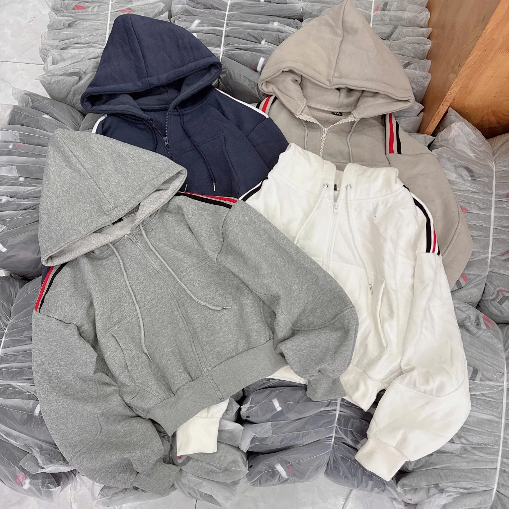 ÁO KHOÁC HOODIE NỈ CROPTOP NỮ VAI PHỐI SỌC FORM RỘNG – KHÓA KÉO THỂ THAO STYLE
