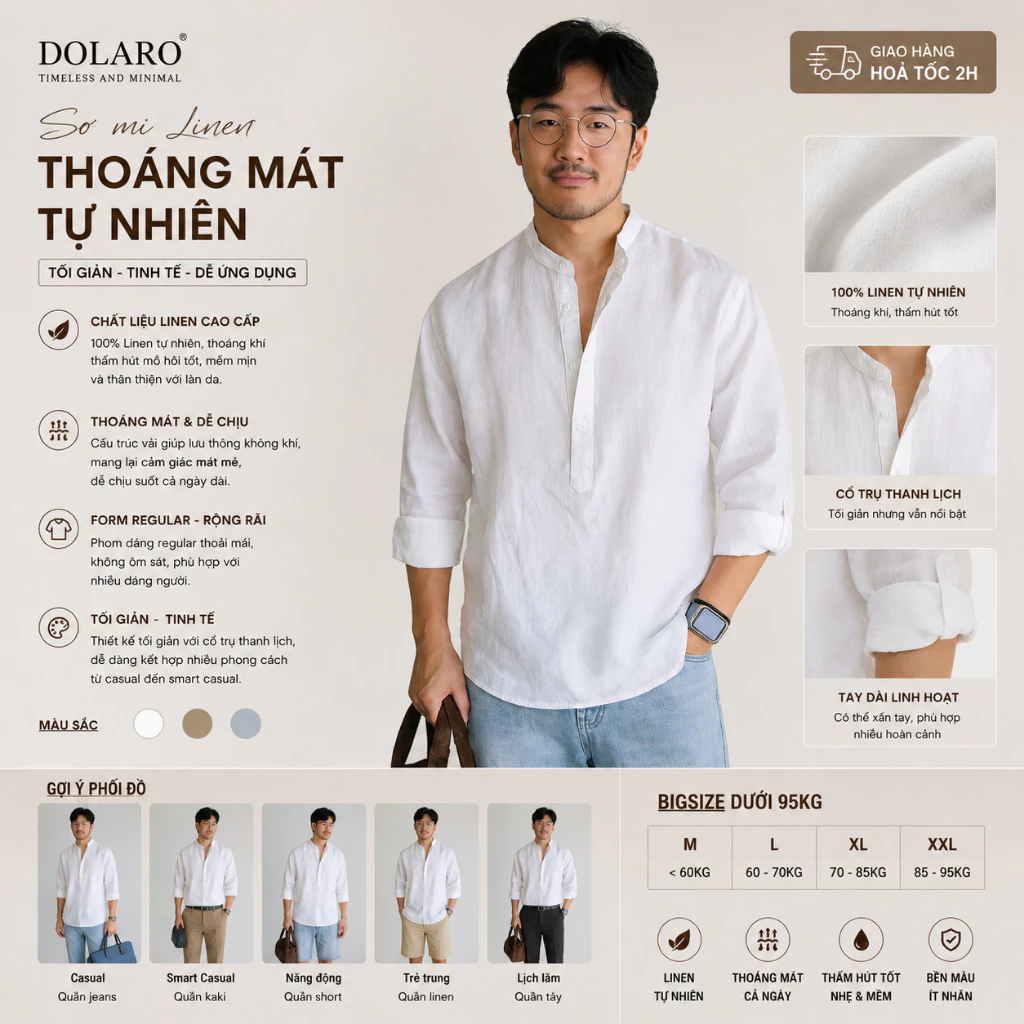 Áo Sơ Mi Kiểu Tay Dài Cổ bẻ nữa line  DOLARO Chất Liệu Nilen Cao Cấp, sơ mi nam trắng form rộng có bigsize dưới 96kg