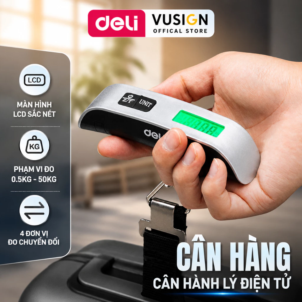 Cân điện tử cầm tay mini Deli Chính Hãng Cân 50kg Hành Lý Vali Gói Kiện Hàng Chính Xác