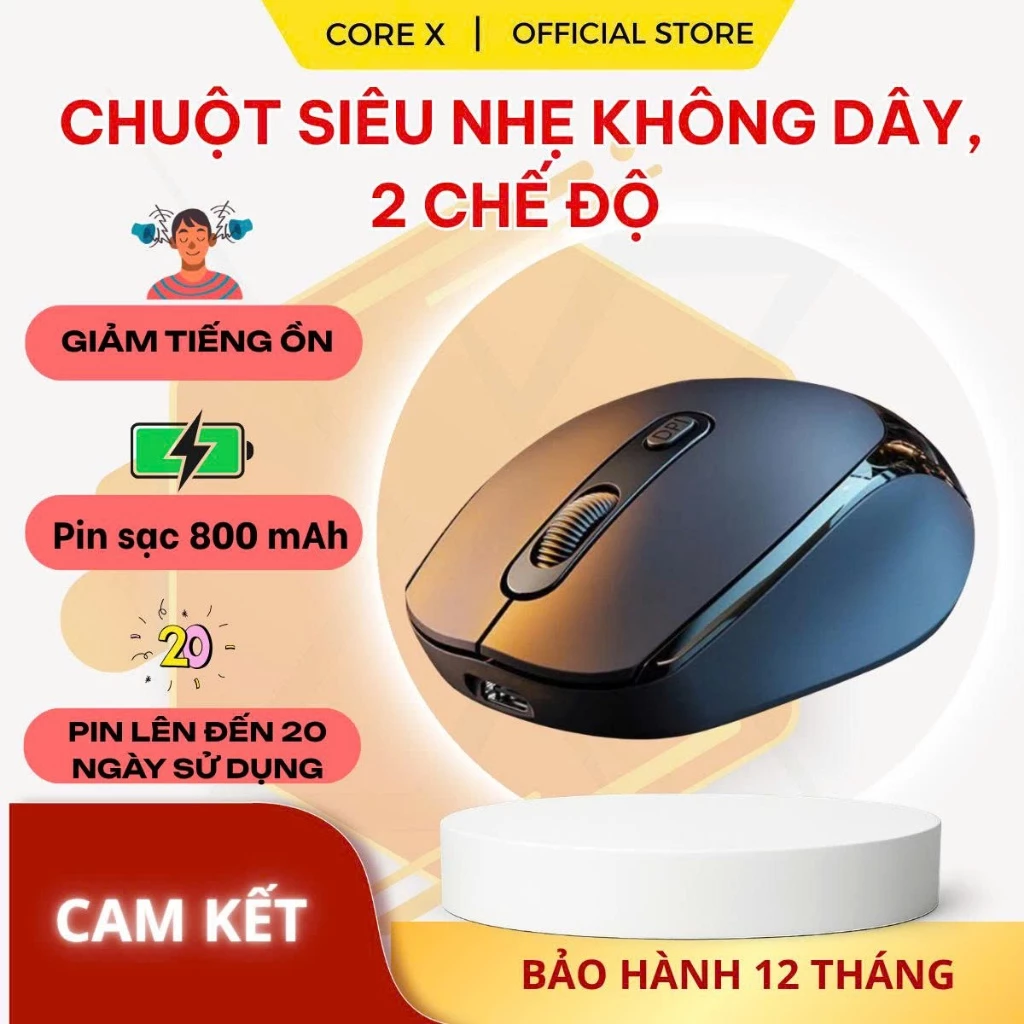 Chuột Không Dây Bluetooth A6 CoreX, Không Gây Ồn Pin Sạc Kết Nối 2 Chế Độ Cho Mọi Thiết Bị Máy Tính, Laptop.