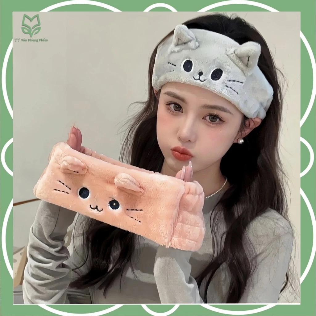 Băng Đô Rửa Mặt Lông San Hô Hình Mèo Cute Thấm Hút Tốt Nhanh Khô Khi Trang Điểm
