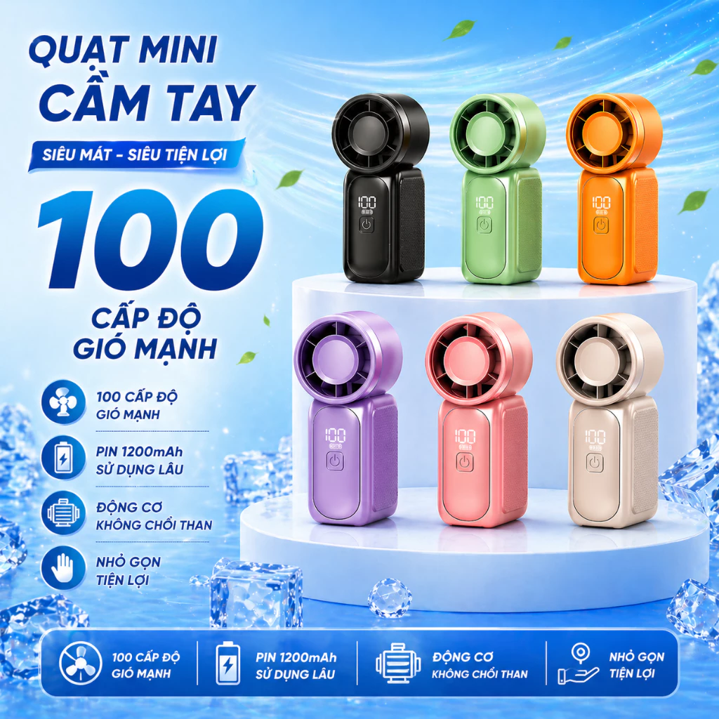 Quạt Cầm Tay Mini X688 100 Cấp Độ Gió Pin 1800mAh – dùng ổn định, sạc nhanh Type-C Quạt Tích Điện Mini Nhỏ Gọn Tiện Lợi_