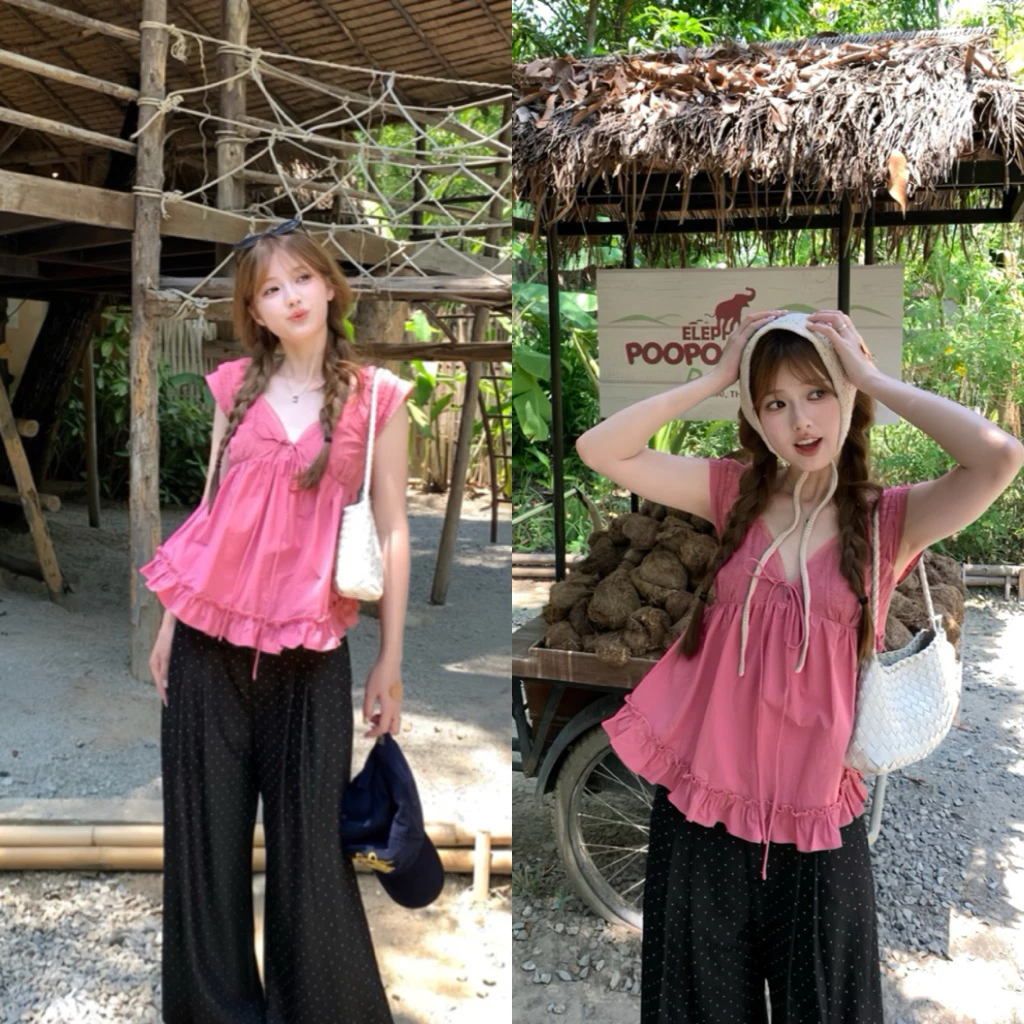 Áo Babydoll Nữ Hồng Bèo Nhún Cột Nơ Phong Cách Tiểu Thư Vintage Hàn Quốc Mặc Đi Chơi Cực Xi