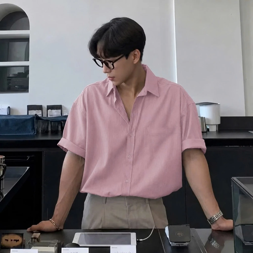 Sơ Mi Nam Mùa Hè Cộc Tay Màu Hồng Nổi Bật Thiết Kế Trẻ Trung Chất Linen Thoáng Mát Halley A42