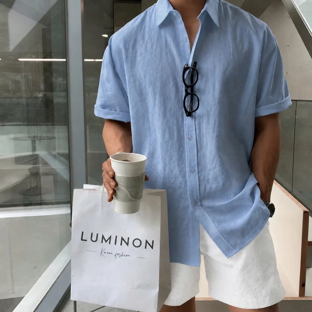 Áo Sơ Mi Cộc Tay Xanh Dương Chất Đũi Linen Siêu Mát Mùa Hè, Áo Cộc Tay Đi Làm Đi Chơi Halley A42
