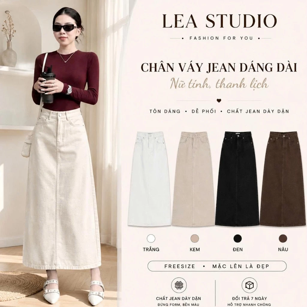 Chân Váy Jean Dài Nữ - Chân Váy Lưng Cao Dáng A Xẻ Sau- Chân Váy Bò Nữ Cạp Cao Basic Hàn Quốc - Sz S-2XL | LEA.STUDIO