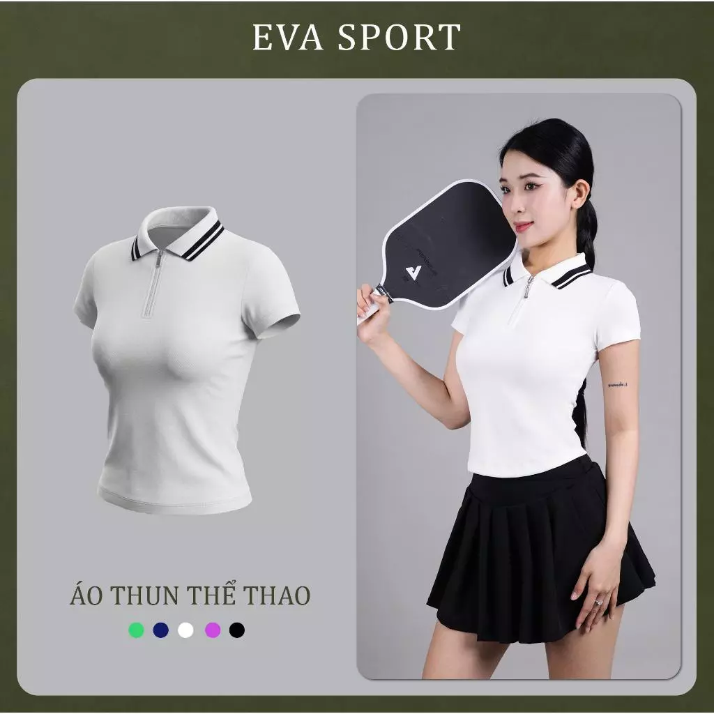 Áo Polo Thể Thao Nữ Ôm Body Co Giãn Cổ Viền Sọc Khóa Kéo Trước Tập Gym Tennis Golf EvaSport