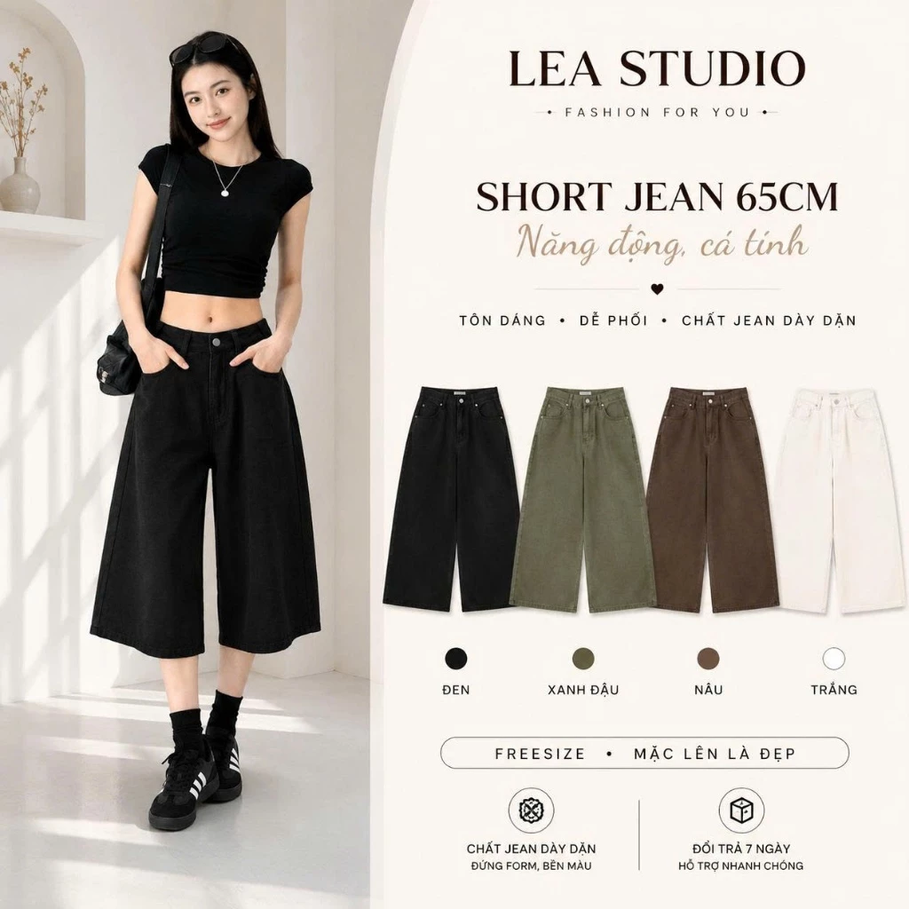 Quần Short Ngố Jean Nữ Lưng Cao, Short nữ mặc qua gối dài 65cm Ống Rộng Phong Cách Ulzzang Hàn Quốc - Lea.Studio