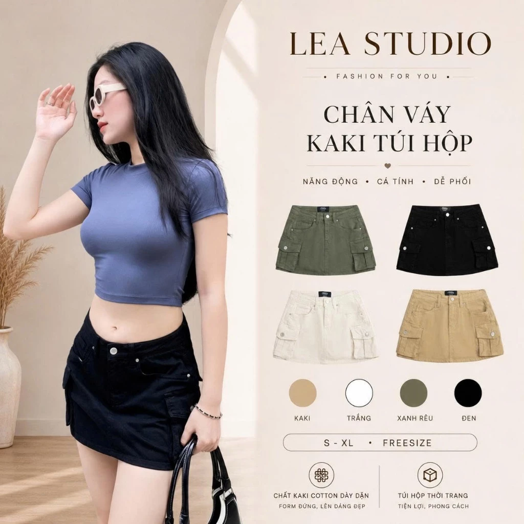 Chân váy quần túi hộp Y2K denim Có Lót Quần Trong cạp cao - màu Kem, Rêu, Be, Đen - Lea.studio