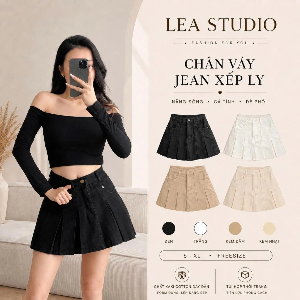 Chân váy jean ngắn xếp ly, váy bò ngắn có quần trong màu xanh bụi phong cách Hàn Quốc - Lea.studio