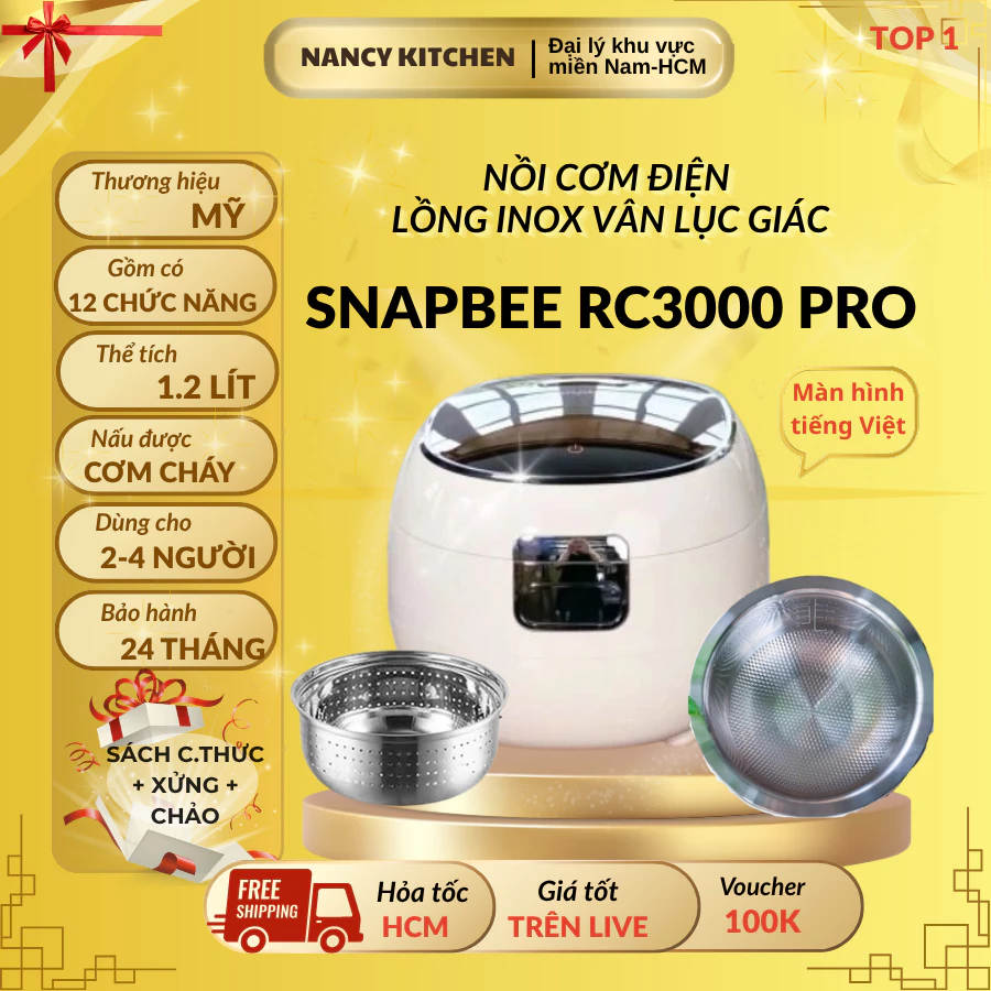 [Chính hãng]Nồi Cơm Điện Đa Năng SnapBee RC3000 PRO– Inox 304 Vân Lục Giác Tách Đường-Tặng Xửng,1.2L