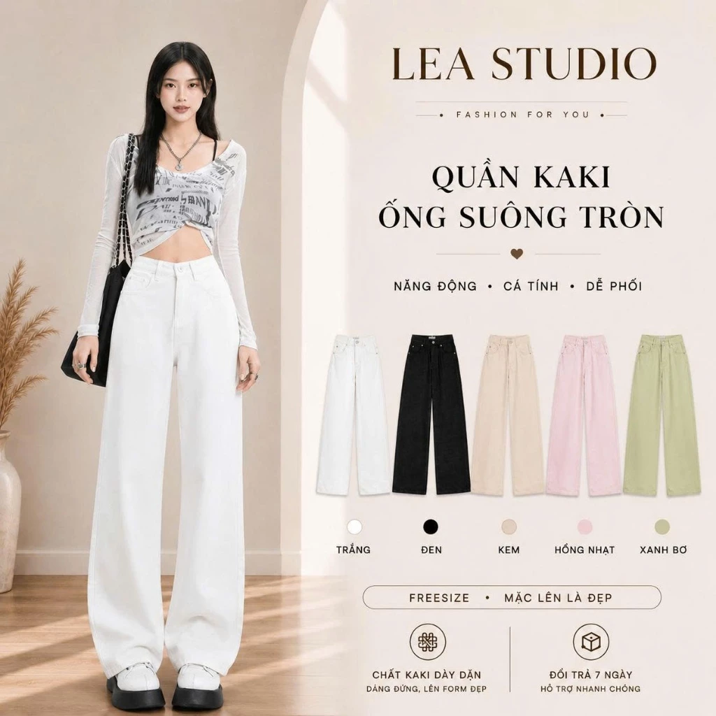 Quần Kaki Baggy Ống Rộng - Quần Ống Suông Cạp Cao Nam Nữ - Quần Trẻ Trung Năng Động - Sz S-XL - LEA.STUDIO - Quần Unisex
