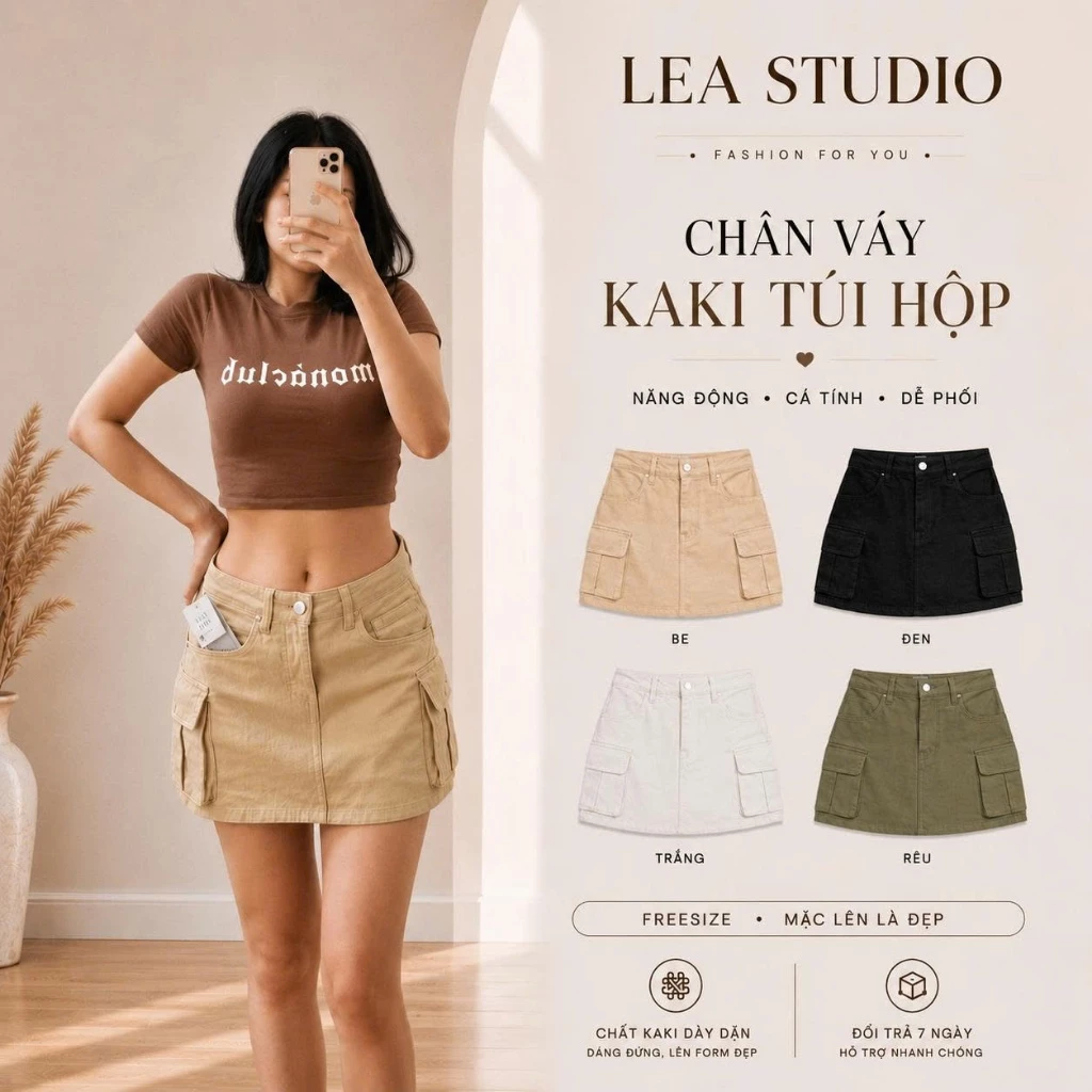Chân Váy Ngắn Túi Hộp Chất Kaki Jean Mềm Mịn, Chân Váy Bò Chữ A Lưng Cao Dáng Ngắn Có Lót Quần Siêu Hot - Lea.studio