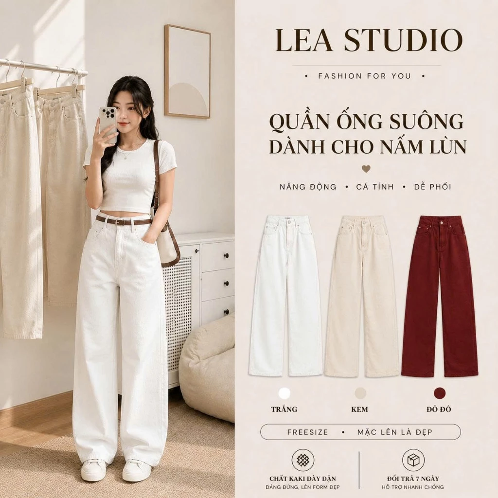 Bigsize Quần suông NẤM LÙN, Quần Jeans nữ ống suông lưng cao chiều dài 93 - 95 cm, Chất mềm form Hack dáng - Lea Studio