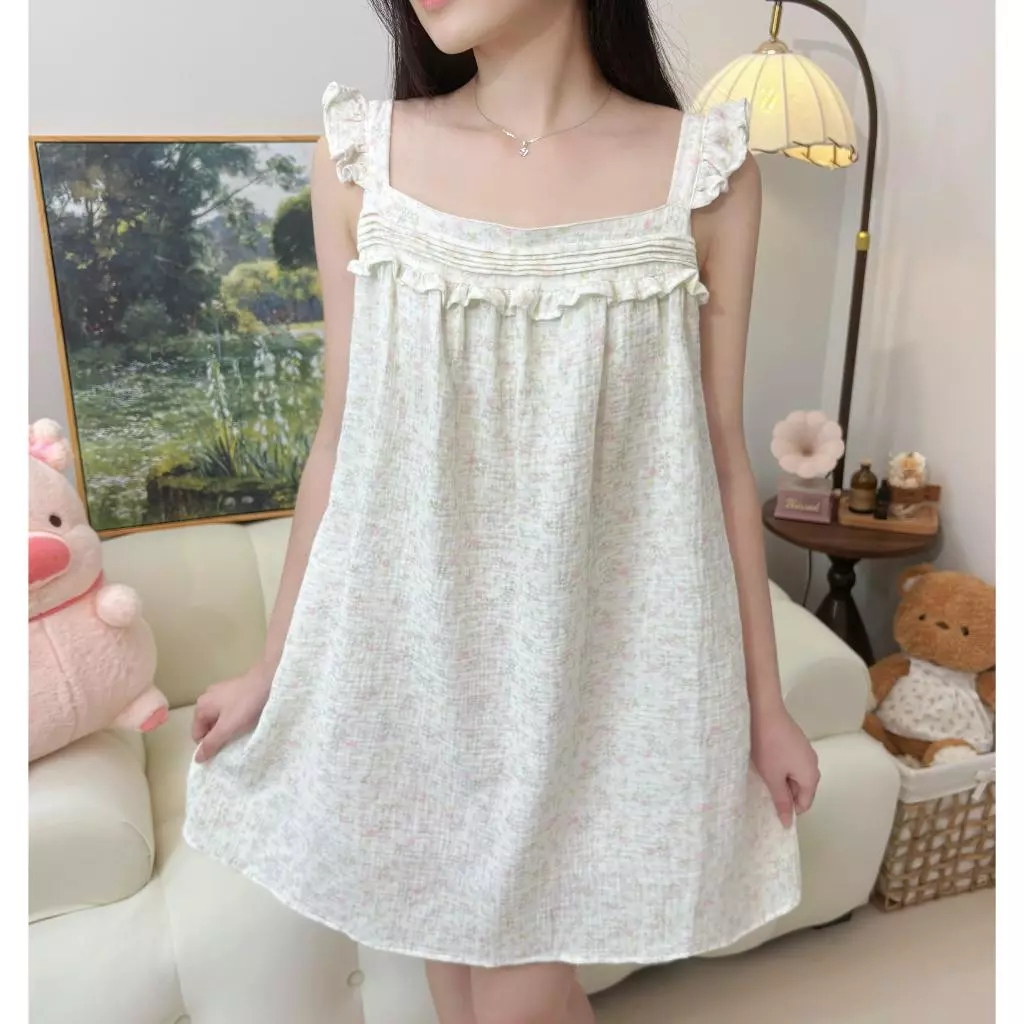 Đầm ngủ cánh tiên chất liệu XÔ MUSLIN, đầm mặc ở nhà họa tiết dễ thương, chất liệu mềm mịn, thoáng mát