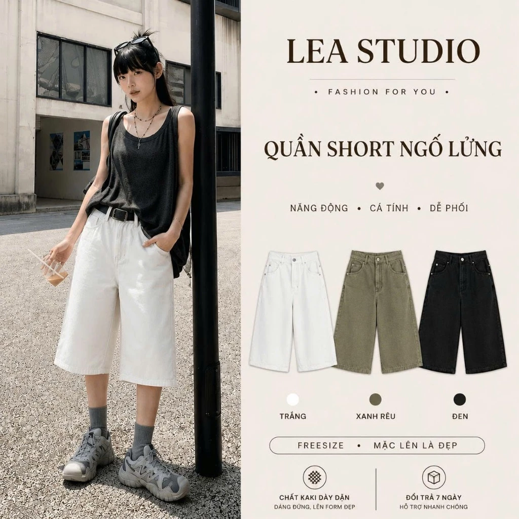 Quần short jean nữ ống rộng, quần đùi jean nữ bò ngăn cạp cao phối túi trước Hàn Quốc - Lea.studio