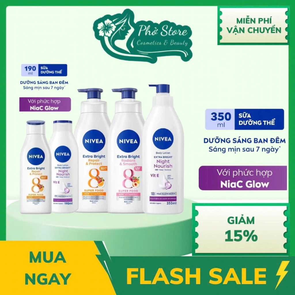 Sữa Dưỡng Thể NIVEA Extra Bright Dưỡng Sáng Mịn Da/Chống Nắng Ban Ngày/Sáng Da Ban Đêm ( 190-350ml)