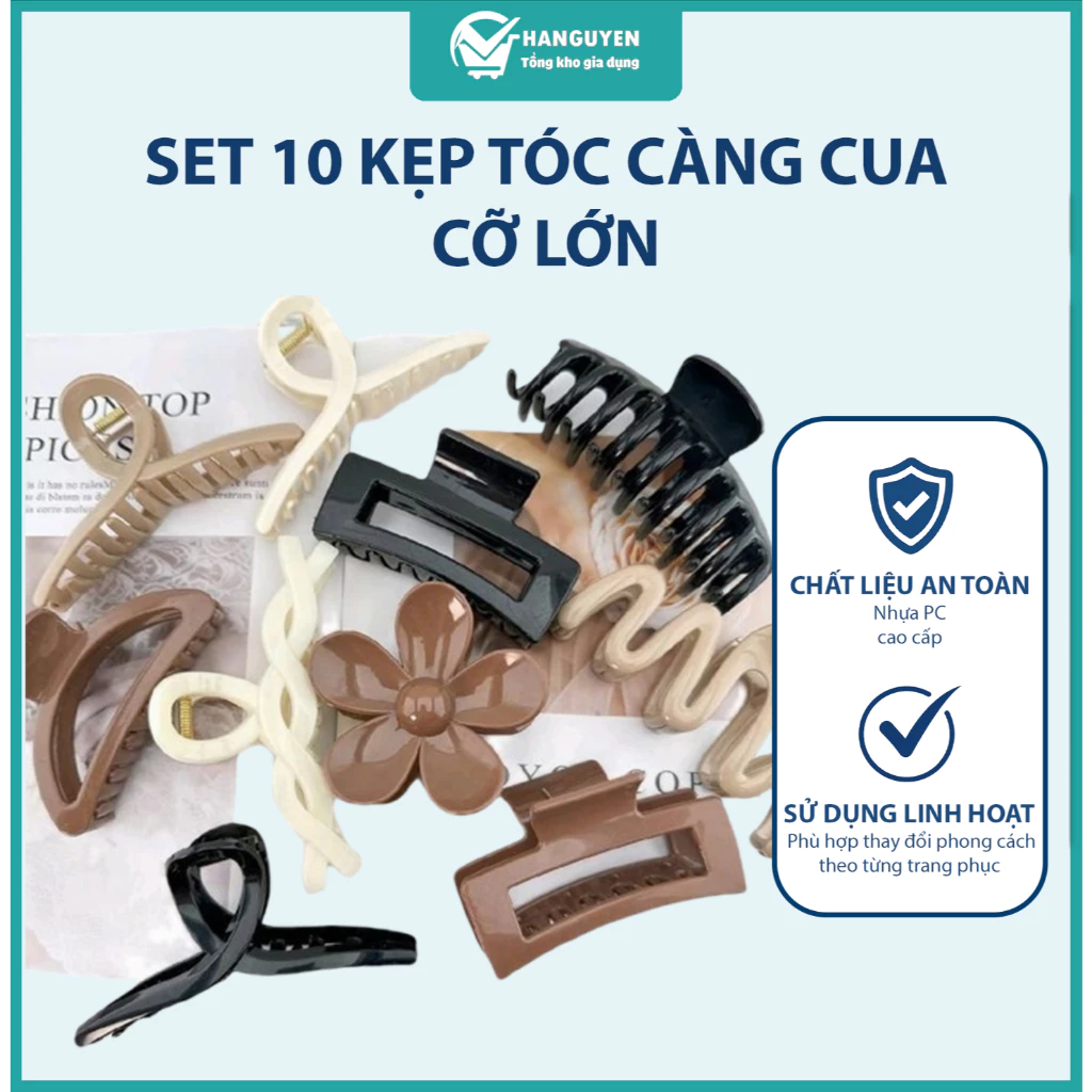 Bộ 10 kẹp tóc càng cua cỡ lớn kiểu cá mập nhiều kiểu dáng thời trang tiện lợi cho nữ