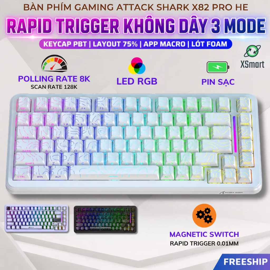 Bàn Phím Gaming Không Dây Rapid Trigger Attack Shark X82 PRO HE LED RGB 3 Mode Pin Sạc Keycap PBT