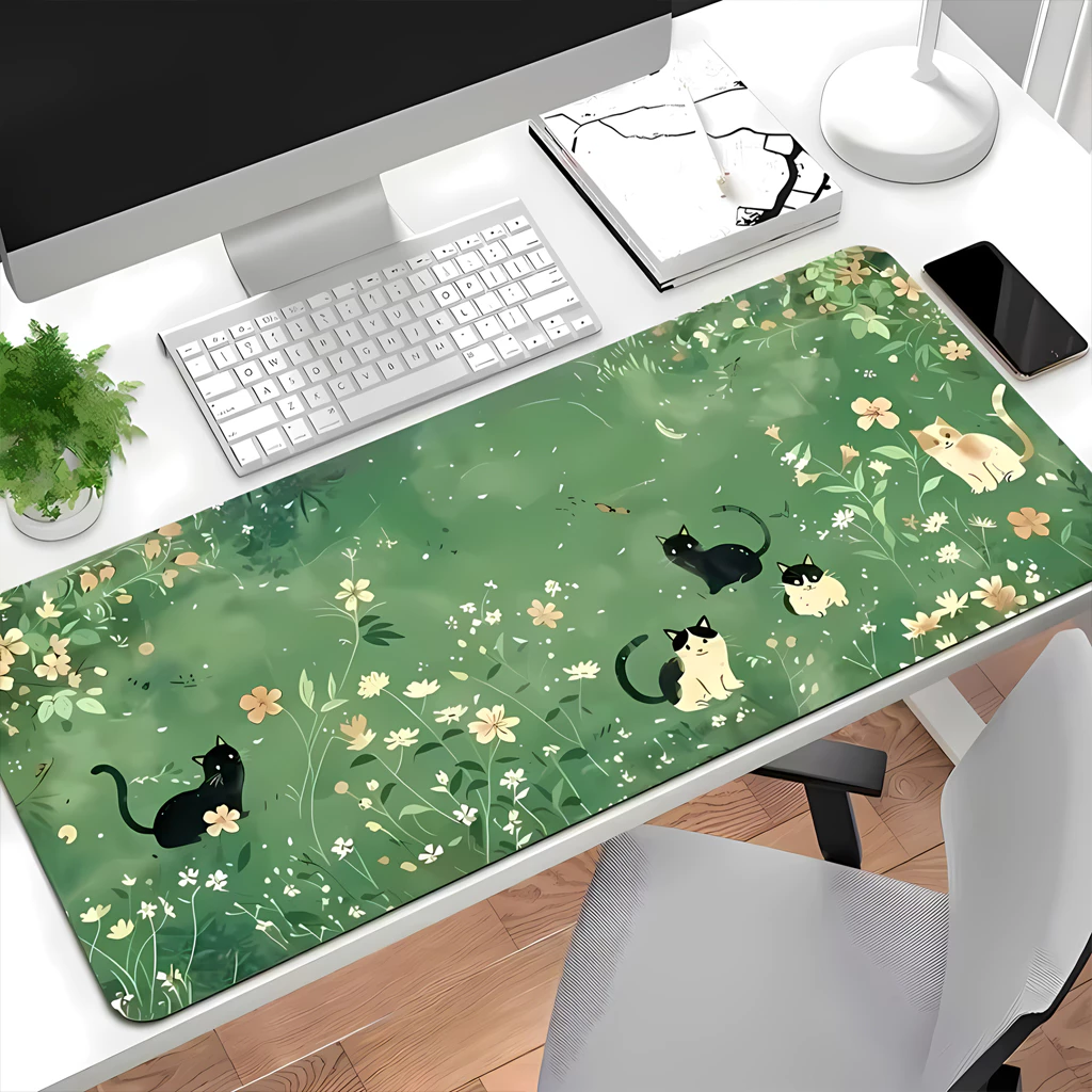 Lót Chuột, Pad Chuột Họa Tiết Mèo Hoa Cỏ Xanh Vintage, Deskmat Vua Lót Chuột Cỡ Lớn Trang Trí Góc Máy