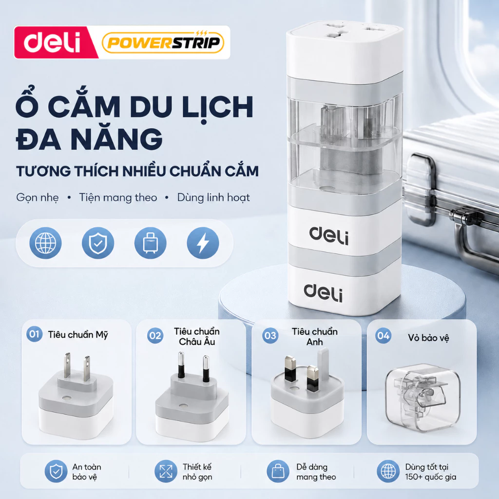 [SVIP] Ổ Cắm Chuyển Đổi Du Lịch Deli, Ổ Điện Du Lịch Nhỏ Gọn Du Lịch Tiêu Chuẩn Mỹ, Anh, Châu Âu, Nhật