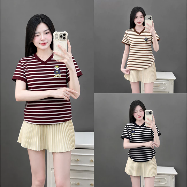 MỞ BÁN: COMBO 2 ÁO BABYTEE CỔ TIM KẺ SỌC - In hình gấu M siêu yêu, chất thoáng mát, co giãn 4 chiều