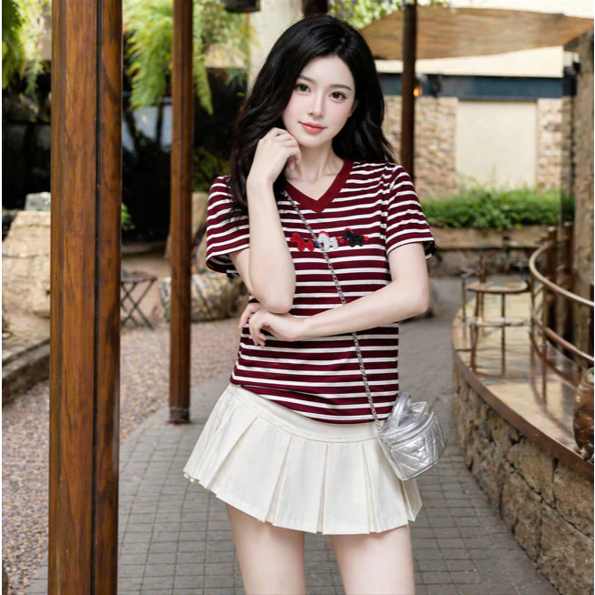 Combo 2 Áo Thun Cổ Tim Kẻ Sọc - In Hình 3 Chú Ngựa Đáng Yêu, Chất Cotton Zip Co Giãn 4 Chiều
