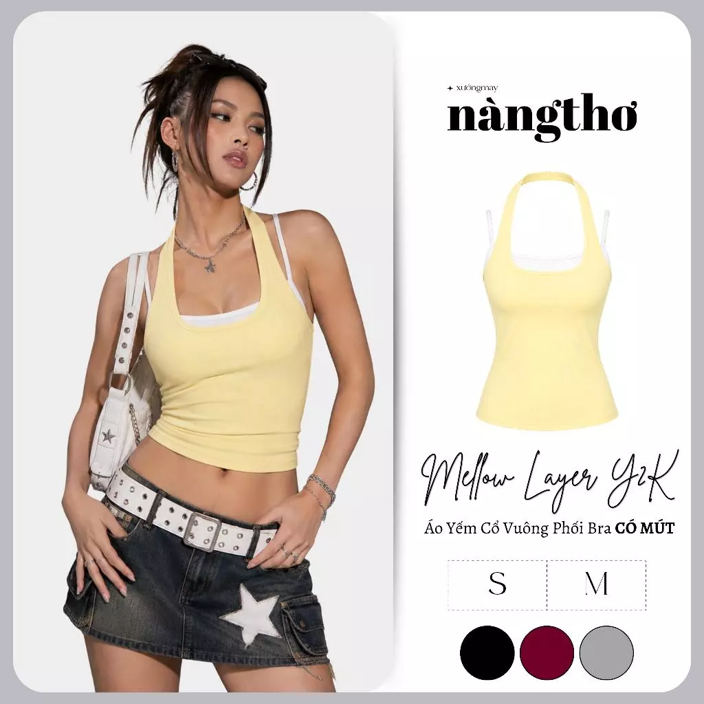 405 [CÓ MÚT] Mellow Layer Y2K-Áo Yếm Cổ Vuông Phối Bra Mùa Hè Chất Thun Cotton Co Dãn