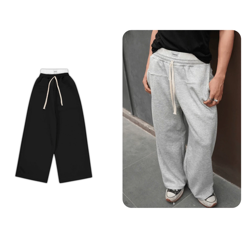 Quần nỉ dài Double Pants ODIN CLUB, Quần dài ống rộng chất liệu nỉ 2 da có phối cạp vải gió nhăn