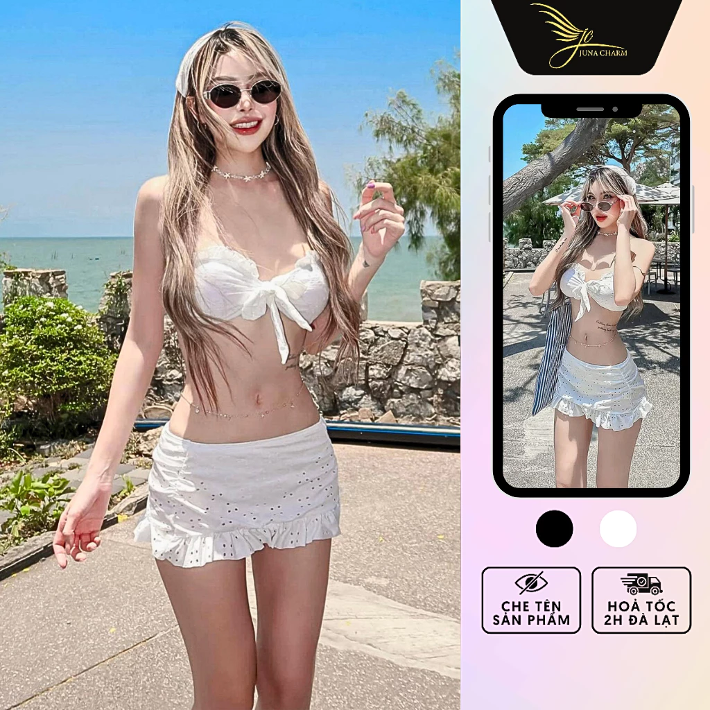 Bikini 3 Món, Đồ Bơi 2 Mảnh Kèm Chân Váy JUNA Freesize Thời Trang Đồ Đi Biển Dành Cho Nữ, Chất Thô Mềm, Màu Trắng/SP477A