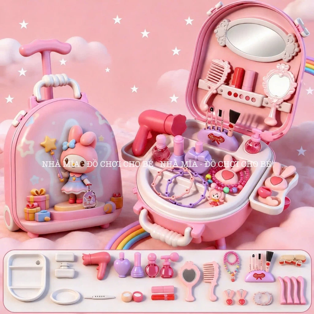 Vali Đồ Chơi Trang Điểm Cho Bé Gái Kuromi Melody Tiệm Nhà Mía Có Bánh Xe Kéo, Bộ Make Up Mini Phụ Kiện Làm Đẹp Cho Bé